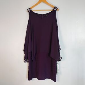 NWT Scarlett Size 16 Asymmetrical Cape Purple Midi Dress w/ Embellished Straps